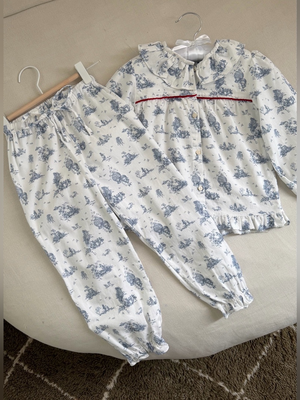 Girls' White and Blue Toile Pajama Set with Red Trim